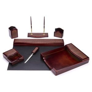 7Pcs Burgundy Oak Wood w/Burgundy Leather Desk Set